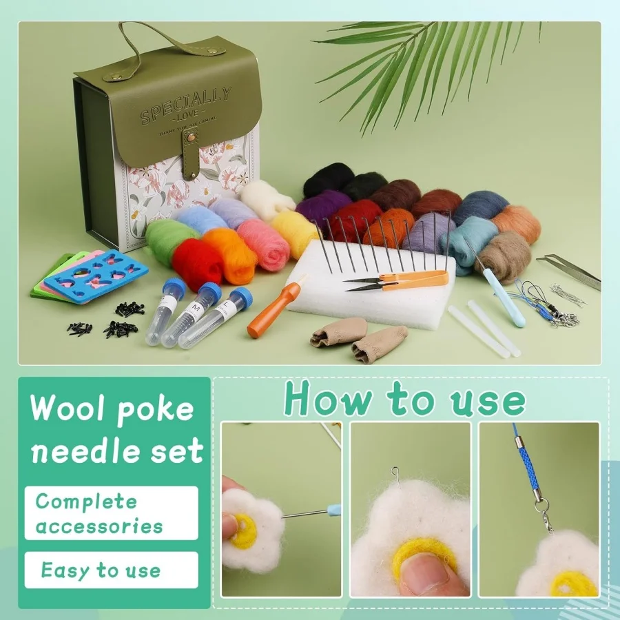 MIUSIE Needle Felting Kit Wool Roving 20 Colors Set Wool Felting Kit Felt Molds with Portable Storage Box for DIY Craft