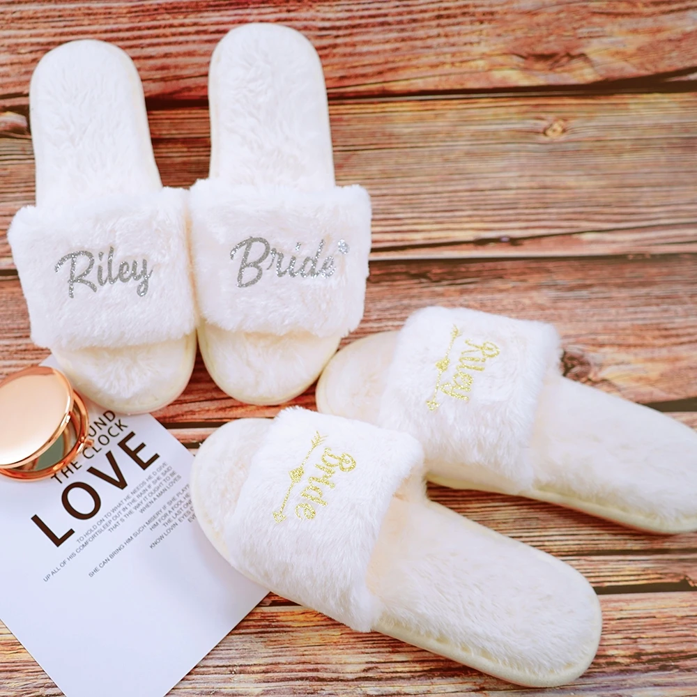 

Personalized Fluffy Indoor Slippers, Soft Warm Home Slippers, Bridesmaid, Bride, Wedding Party, Bachelorette Party