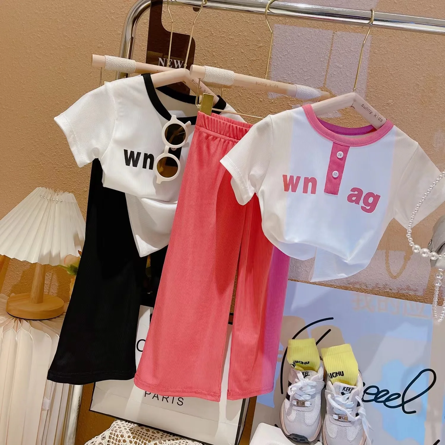 

2023 Summer teens Girls Clothes Ice silk Print Sets Outfits Kids Short Sleeve T-shirt + Long Pants Child tracksuit 2PCS 2-10 T