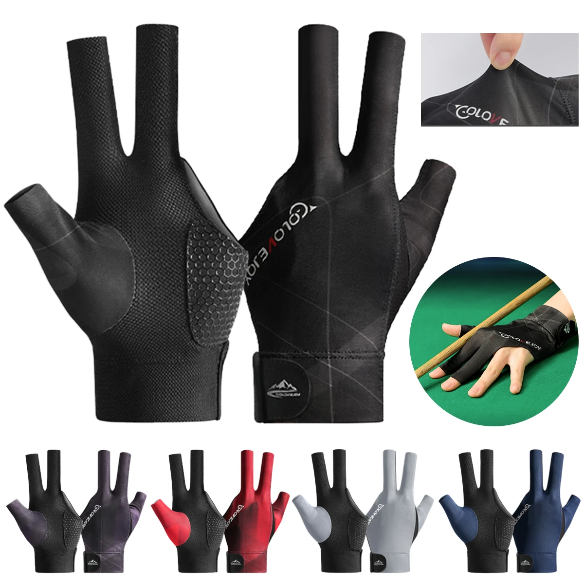 Gants billard professionnels gauchers légers respirants 3 doigts ouverts