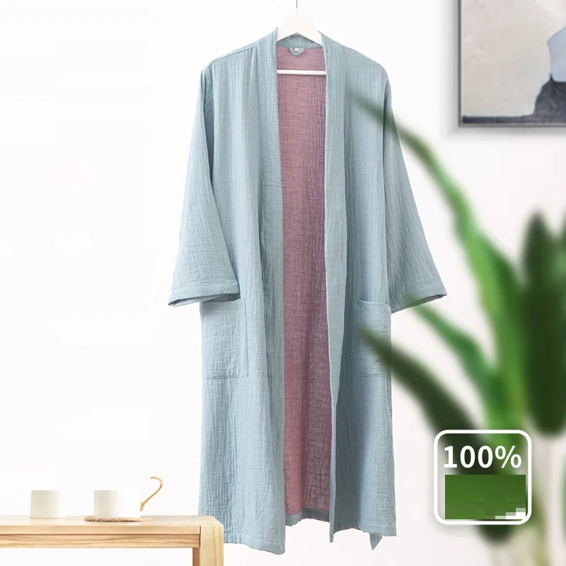 Couples Spring Summer Pure Cotton Double Layer Gauze Bathrobe Thin Dyed Fabric Home Clothing Japanese Style Kimono Robe Pajamas