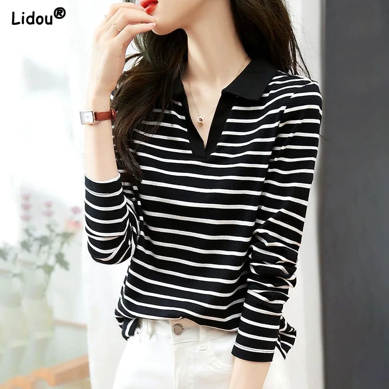 Sports Pullovers Solid Color Embroidery Turn-down Collar Blouses Striped Loose Spring Summer Casual Women's Clothing Simplicity