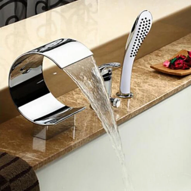 BAKALA โรย Deck Mount ที่แพร่หลายน้ําตกอ่างอาบน้ําก๊อกน้ํา Hand Shower Chrome ท่อประปา Curve สูง Spout เรือ 1