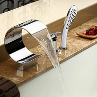 BAKALA Sprinkle Deck Mount Widespread Waterfall Bathtub Faucet with Hand Shower Chrome Plumbing Fixtures Curve Tall Spout Vessel 1