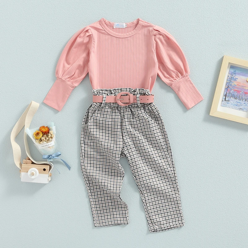 

Blotona Toddler Kids Girls 3Pcs Outfits, Solid Color Ribbed Round Neck Long Sleeve Tops + Plaid Long Pants + Belt Set, 1-6Years