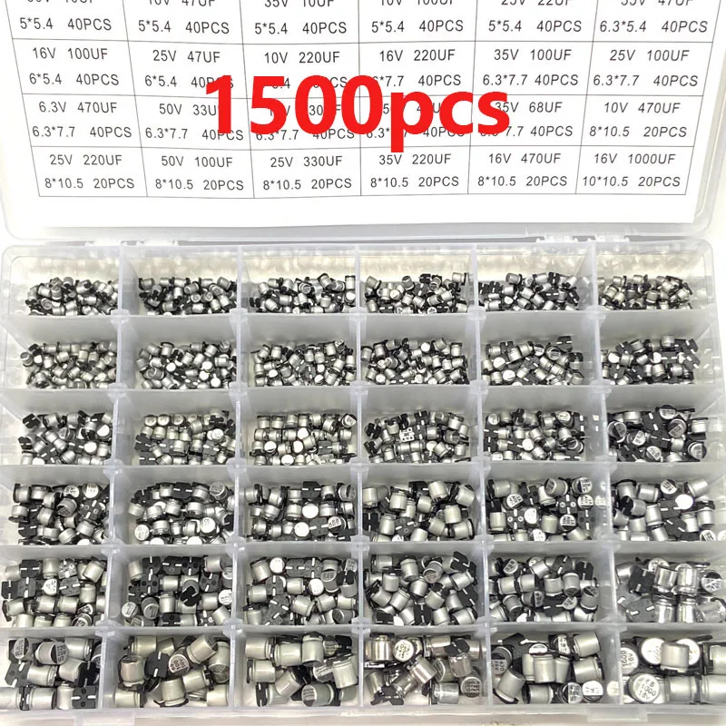 1500PCS SMD Chip Aluminum Electrolytic Capacitors Sample Box 36values Chip Aluminum Electrolytic Capacitors 1UF~1000UF 4V-60V 1500pcs sets high quality 0r 10m 1206 smd film resistor kit accuracy 1% 60 kinds 25pcs smd chip resistor pack diy assorted set