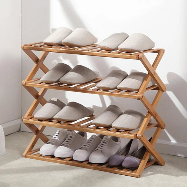 Bamboo Foldable Shoe Rack, Free Standing Shoe Organizer Storage Rack