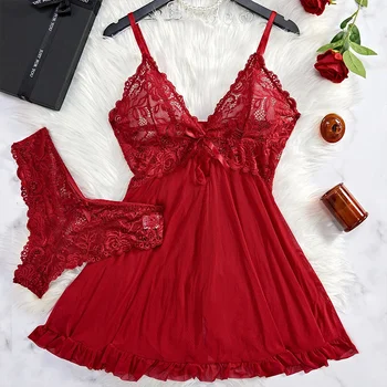 ALLTOOALL Women's Sleepwear Underwear Transparent Sexy Lace Red Lingerie Pijamas Sets Nightdress And Panty Female Nighty Clothes 1