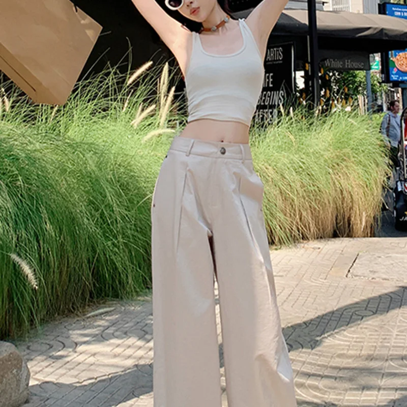 

2024 new Summer Elegant Fashion Solid Color Korean Style Retro Trousers Loose Casual Office Lady Pockets Polyester Women's Pants