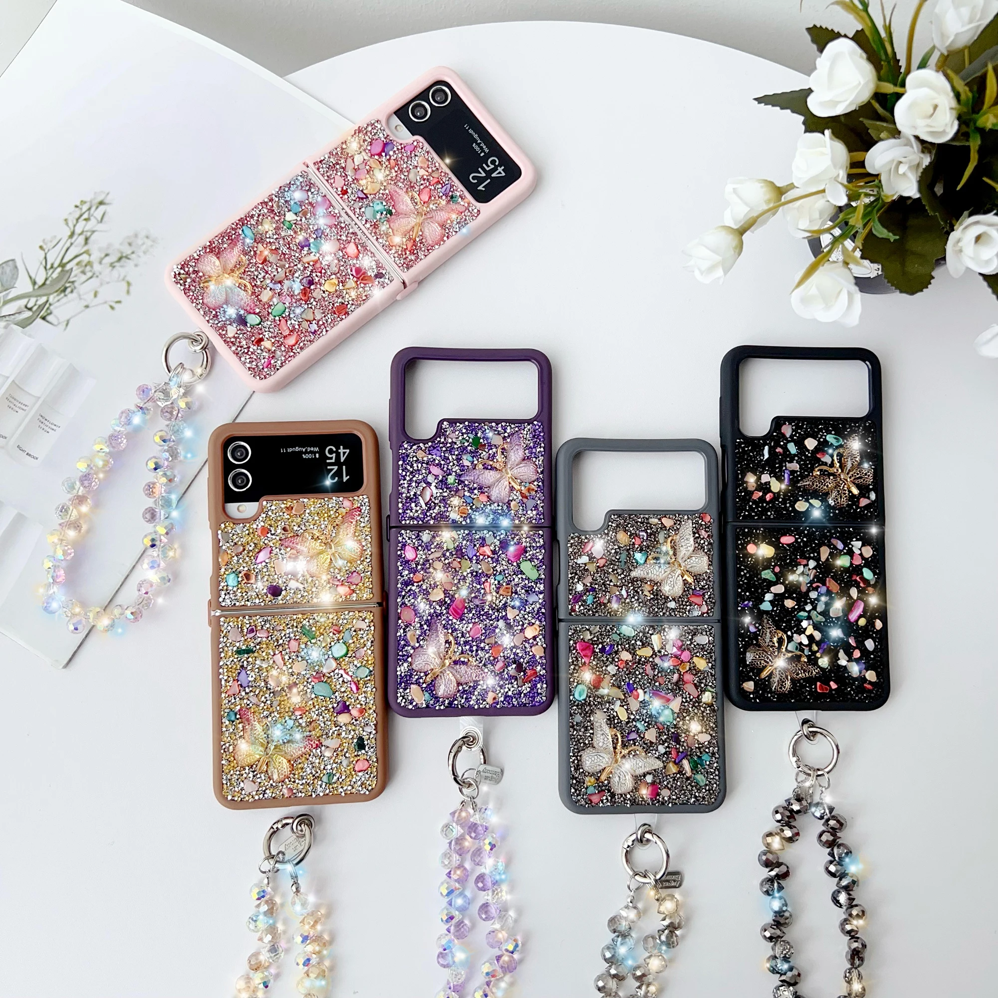 Per Samsung Galaxy Z Flip 3 4 5 6 Custodia per telefono con cinturino a farfalla in pietra colorata e cristallo scintillante elegante e carina_voghion.com