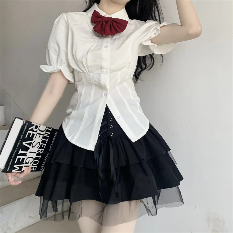 

Summer Women'S Kawaii Blouse T-Shirt Short-Sleeved Lapel Cute Girl Button Slim Tops T-Shirt JK Lolita Student Streetwear