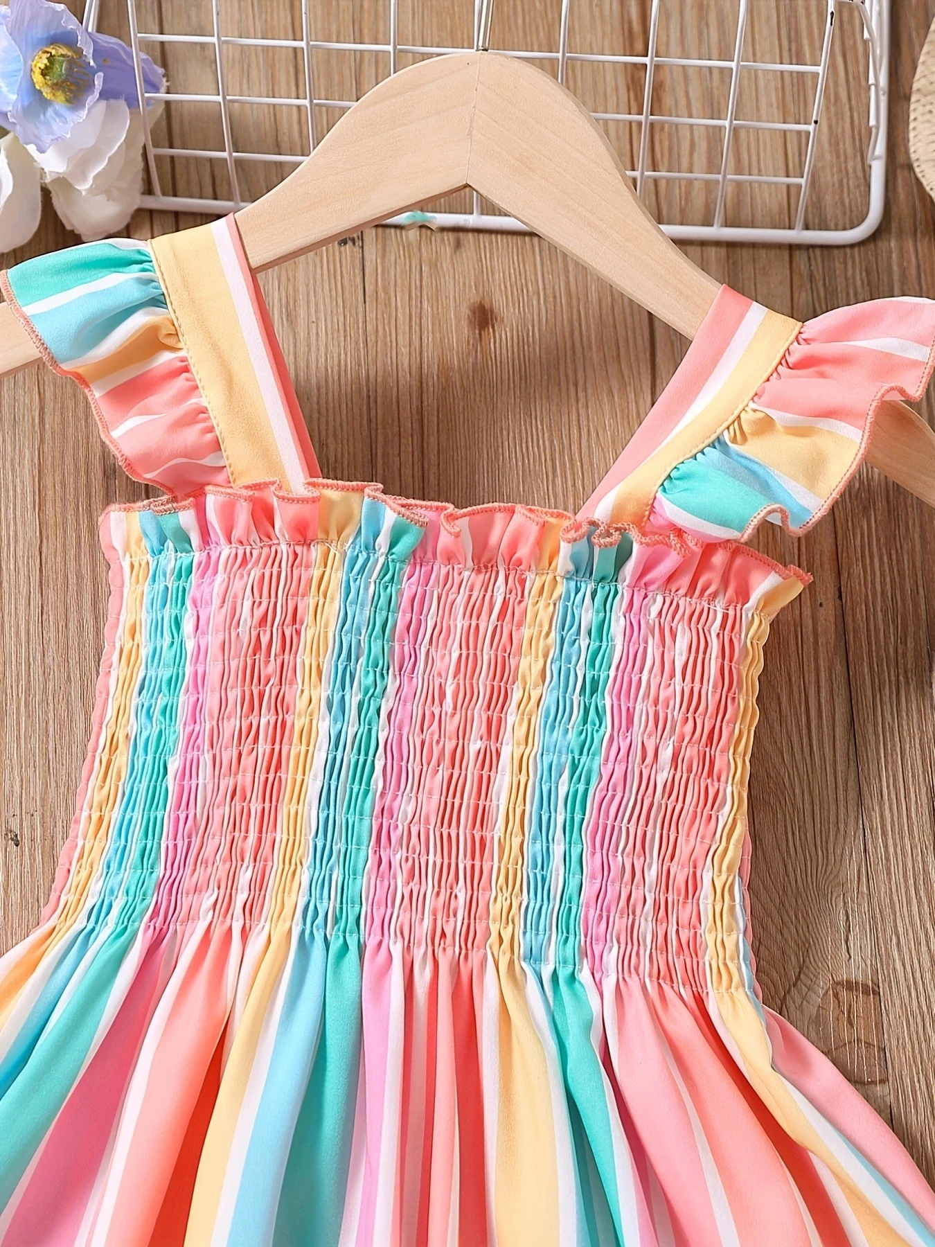 Girls' striped parallel pleated ruffle A-line dress, the latest summer suspender casual rainbow dress for girls in 2025 3