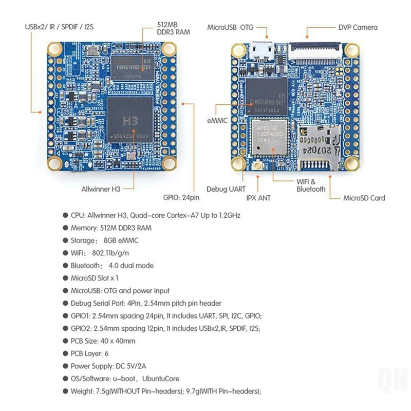 Nanopi NEO Air Allwinner H3 4 ھ Cortex-A7 512MB DDR3 + 8G EMMC Wifi  Ubuntucore ̴ IOT  