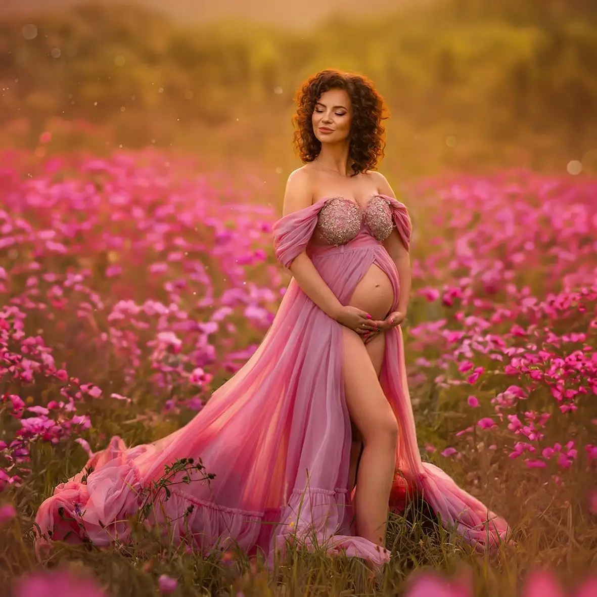 

Off the Shoulder Romantic Maternity Dresses Front Slit Sweetheart Empire Beaded Prom Gown Women Photoshoot Boudoir Lingerie