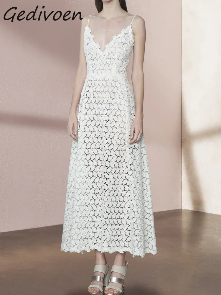 

Gedivoen Fashion Designer Summer Elegant Sling Dress Women's V-neck Lace Hollow Out Backless Slim White Evening Party White Dres