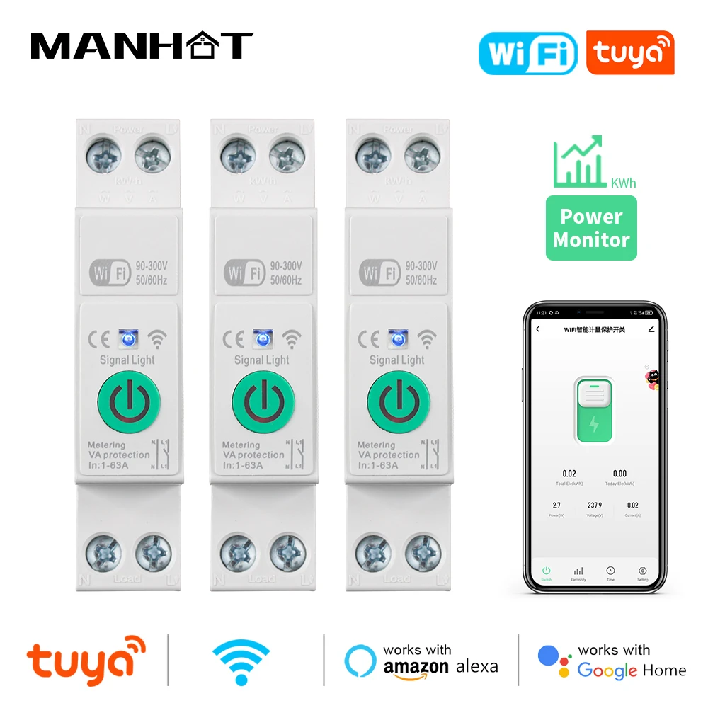 1-63A 1P+N Tuya WiFi Smart Circuit Breaker Switch Kwh Metering Timer Relay MCB Voltage Current Protect Alexa Google Home Alice