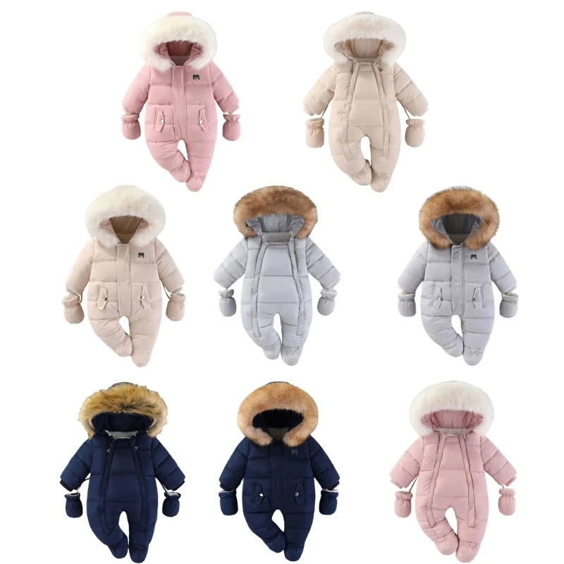 Infant Winter Jumpsuit Comfortable Hooded Baby Romper with Removable Warm Gloves for 6 Months to 2 Year Girls Boys