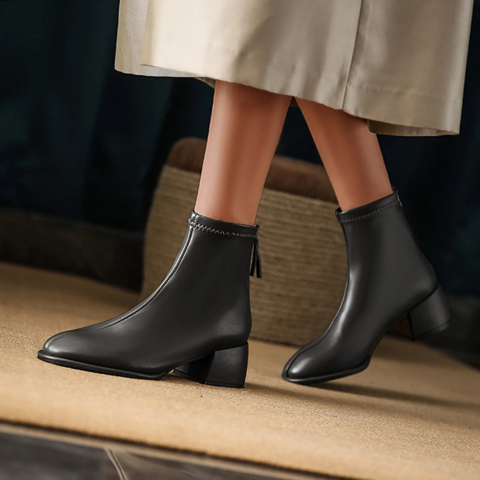 Botas de combate para mujer, botines anchos de piel de sólido, estilo británico, con cremallera trasera y tacón grueso - AliExpress