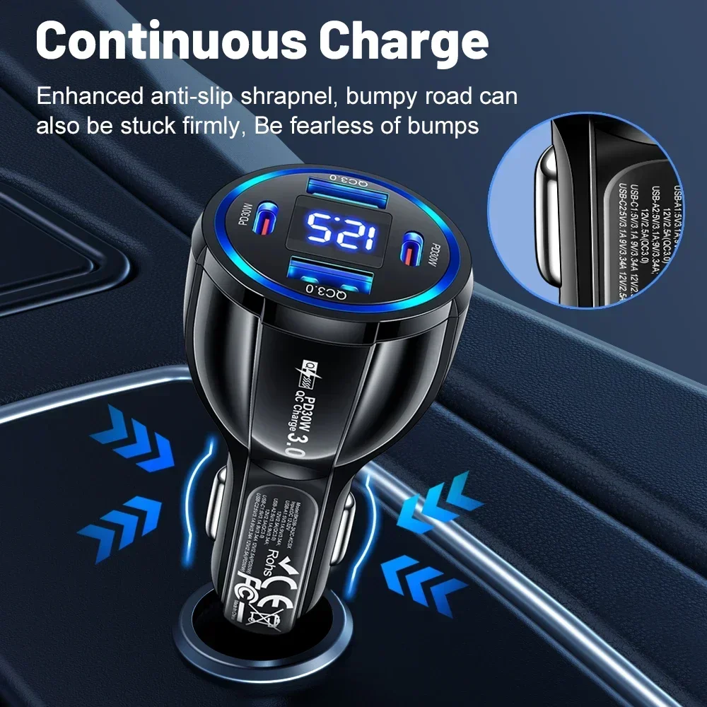 100W 4 Ports Car Charger USB Fast Charging with Digital Display Quick Charging Adapter for iPhone Samsung Xiaomi Type C Charger