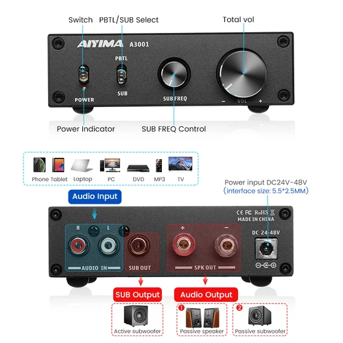 AIYIMA-오디오 A3001 TPA3255 서브 우퍼 앰프, 300W HIFI 스피커 앰프 모노 사운드 파워 클래스 D 홈 오디오 3
