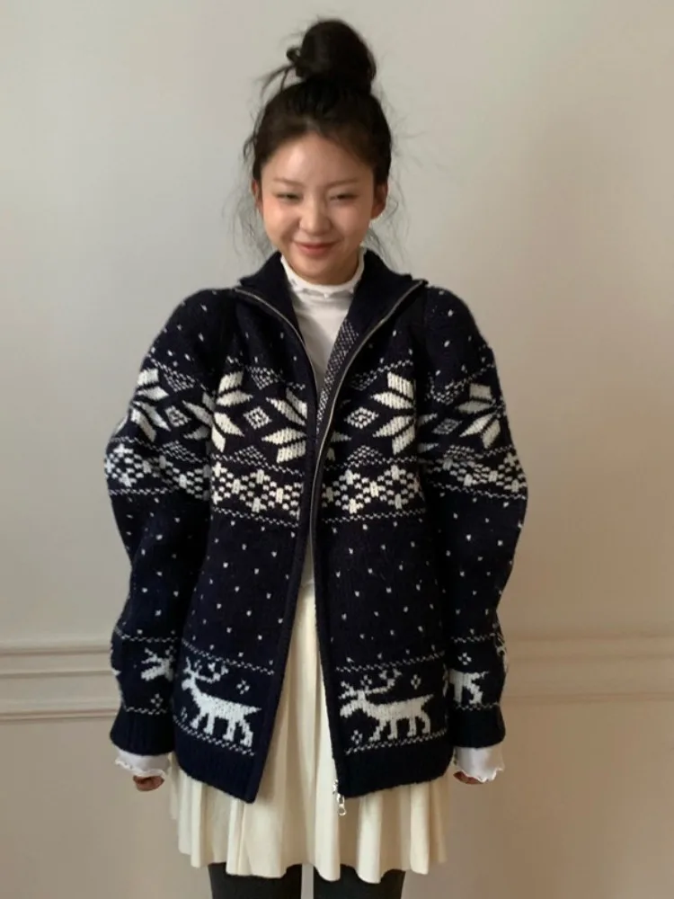 Retro Lazy Sle Cisas Snowflake Embroidery Color Blo Long Sve Loose Sweater Coat Women Autumn Winter Chic Commute S...