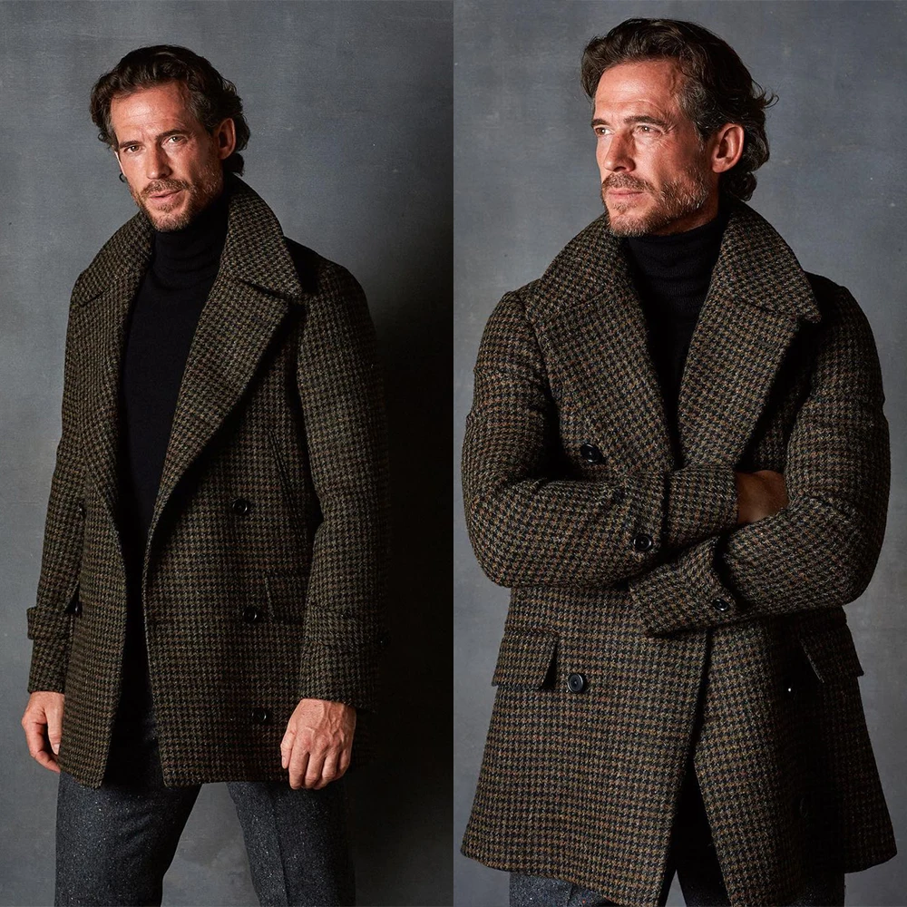 Houndstooth Woolen Men Coat One Piece Business Blazer Overcoat Double Breasted Dark Gray Groom Formal Work Party Causal Tailored