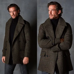 Houndstooth Woolen Men Coat One Piece Business Blazer Overcoat Double Breasted Dark Gray Groom Formal Work Party Causal Tailored