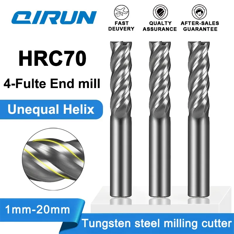 QIRUN HRC70 4-Flute nano coating, tungsten steel end milling cutter, CNC machining tool,  1-20mm