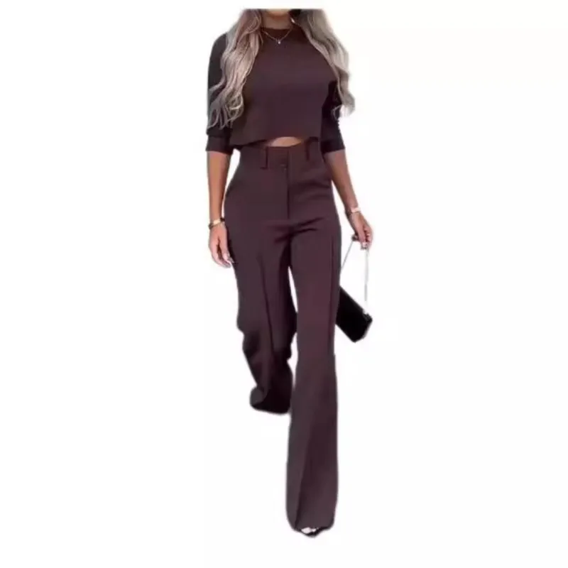 Women Half Sleeve Crop T-shirt & Wide Leg Pants Set Femme Office Lady Plaid Two Pieces Suit Set Long Pants Set Workwear Outfits