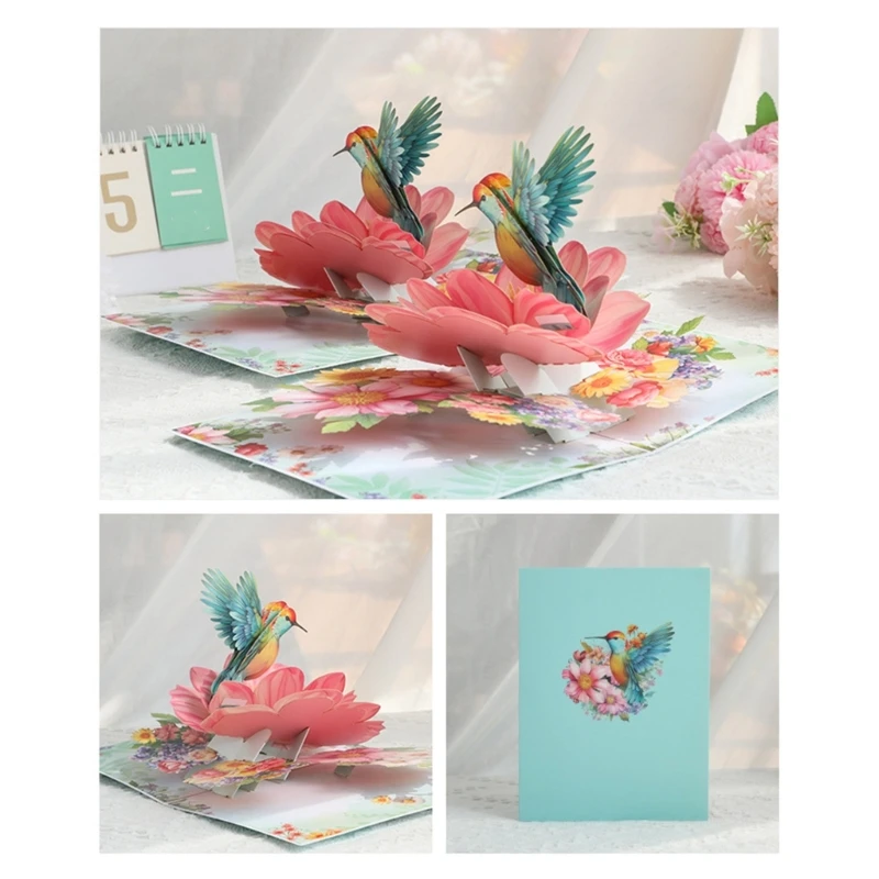 Greeting cards Unique 3D Popup Present Card with Hummingbird and Flowers Handmade