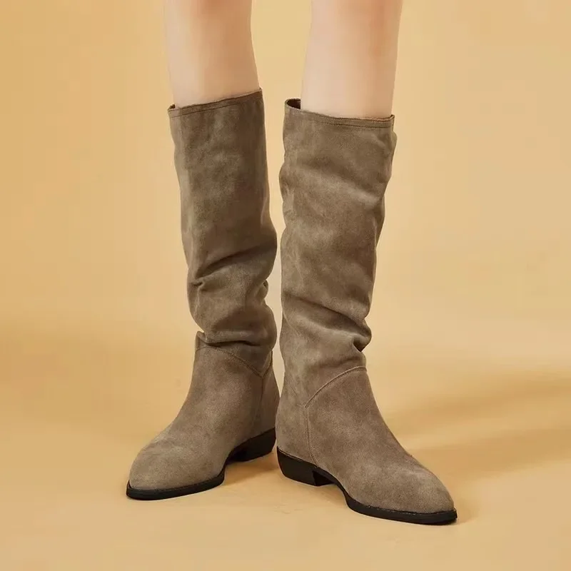 

Распродажа женской обуви, женские сапоги с рукавом 2023, Осенние однотонные сапоги с острым носком на среднем каблуке, сапоги на низком каблуке, женские сапоги