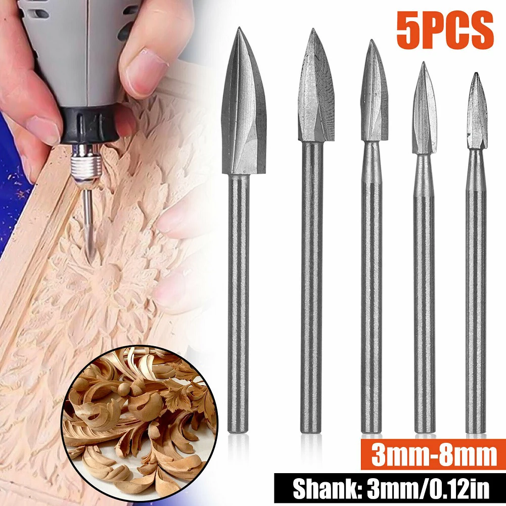 

5PC Wood Carving Drill HSS Engraving Bit Set For Woodworking Carbide Grinding Tool Carbide Root Milling Grinder Burr Carve Tool