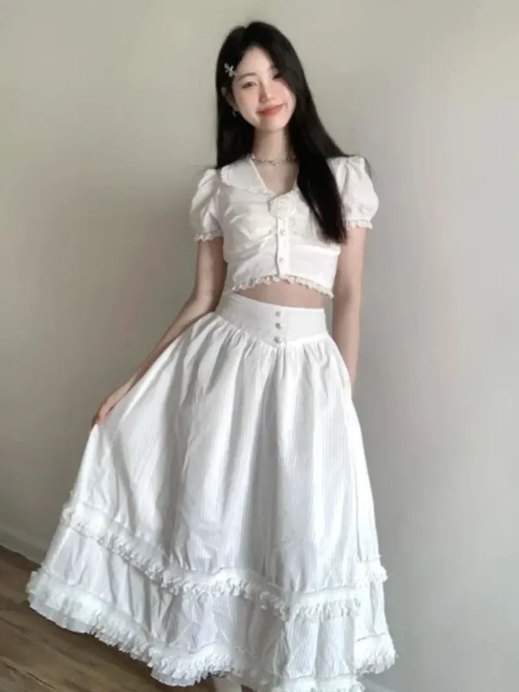 

Женский комплект из 2 предметов, кружевная плиссированная блузка с цветочным принтом и оборками в японском стиле, комплект из 2 предметов, Y2k