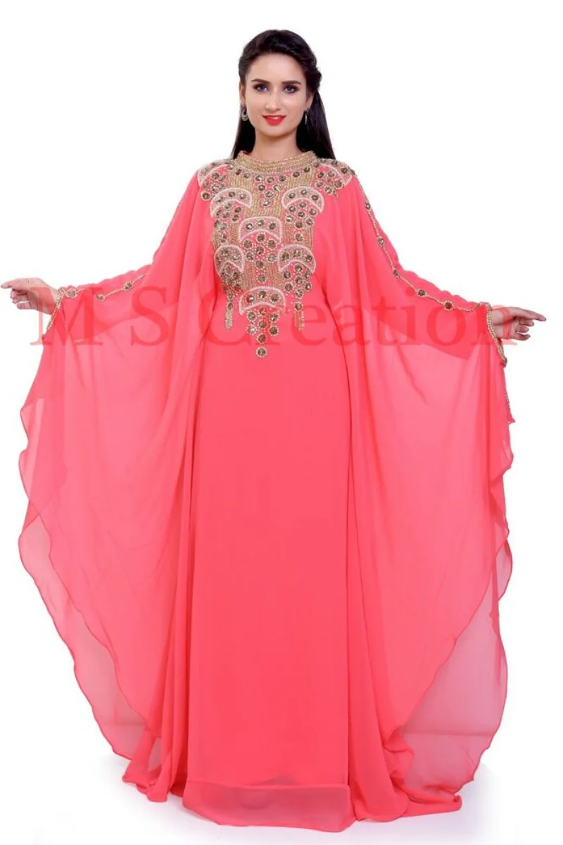 

Women Long Sleeved Dress Exquisite Long Skirt Moroccon Peach Georgette Gown Farasha Robe Dubai Indian Clothing
