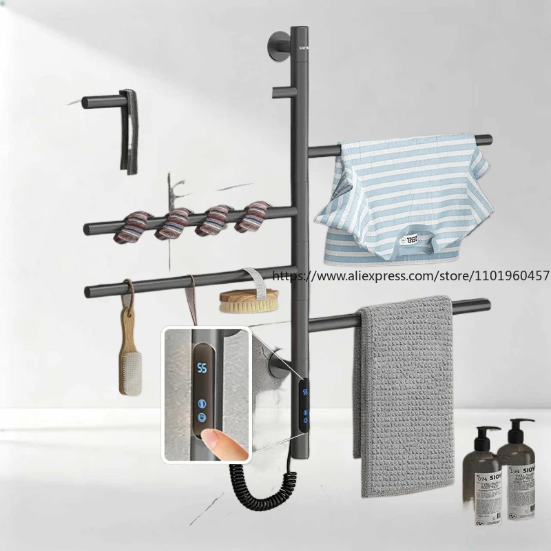 เครื่องอุ่นผ้าขนหนูสีดำ/ขาว/เทา ราวแขวนผ้าขนหนูไฟฟ้าสแตนเลส 180 °   ราวแขวนผ้าไฟฟ้าแบบหมุนได้ พร้อมตั้งเวลา ควบคุมความร้อน 1