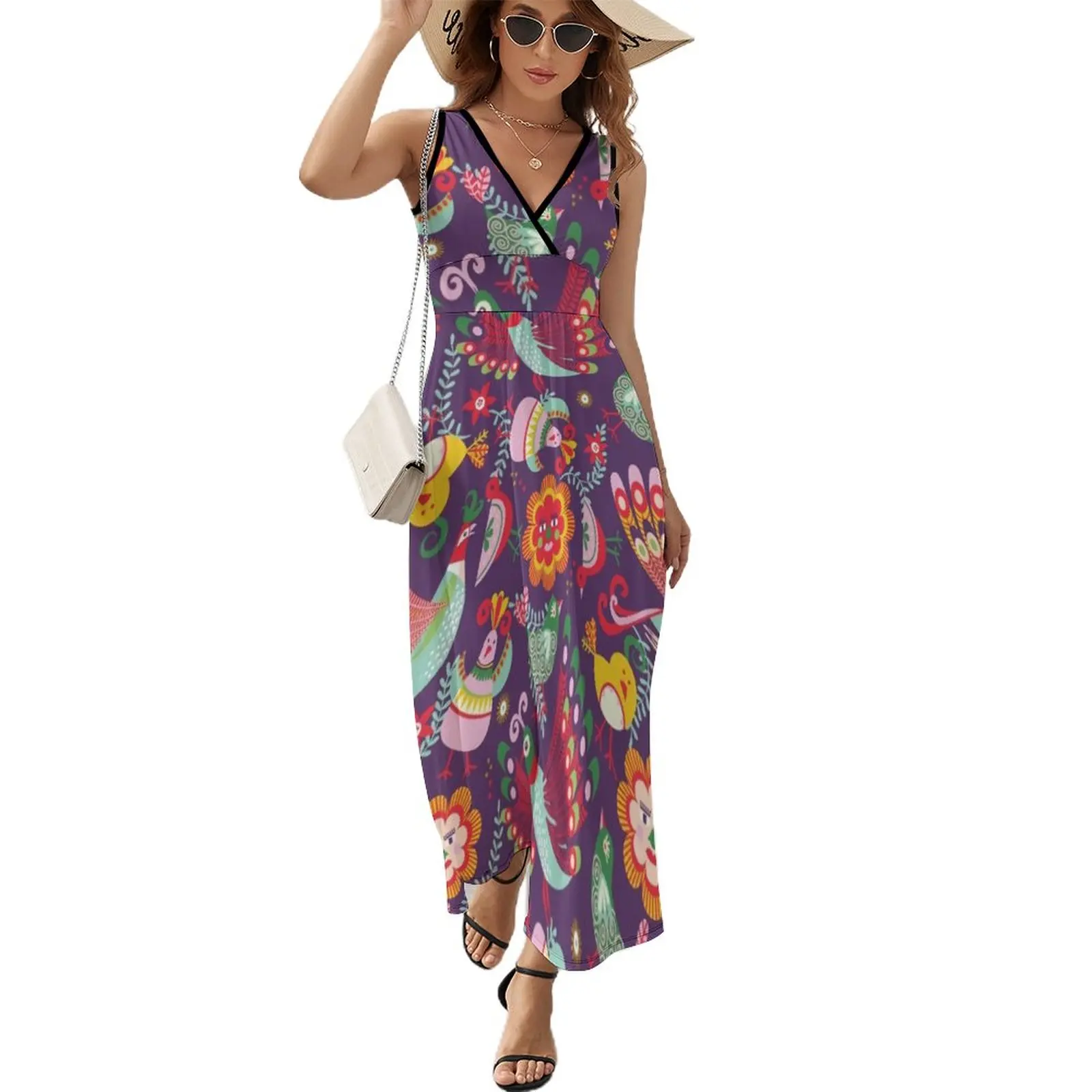 

scandinavian folkart birdies | purple Sleeveless Dress Women's evening dress beach outfits for women