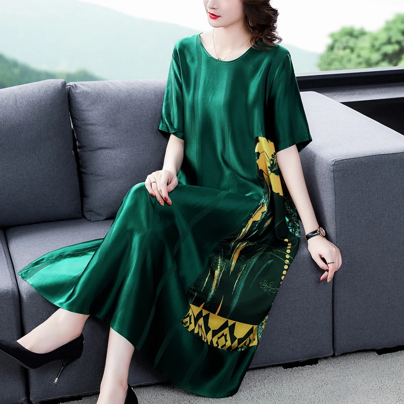 

2023 New Fashion Silk Printed Dress Women's Summer Versatile Round Neck Short Sleeve Loose Fit Casual Holiday Dress Vestidos