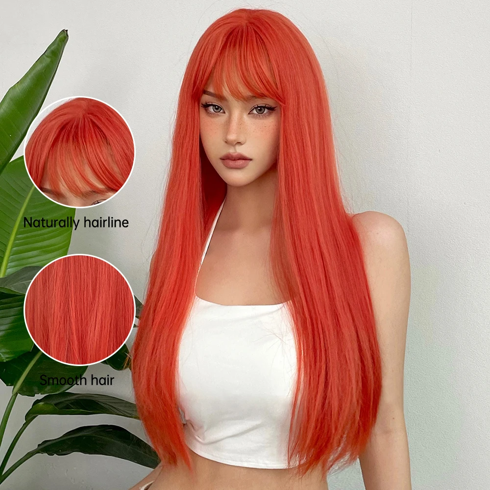 LOUIS FERRE Long Straight Orange Synthetic Wigs for Women Natural Fake Hair With Bangs Daily Cosplay Heat Resistant Fiber Wigs