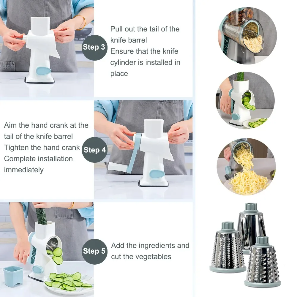 3 in 1 Rotary Cheese Grater Blender Versatile Manual Vegetable Slicer Food Cutter Multifunctional Peanut Nuts Grinder