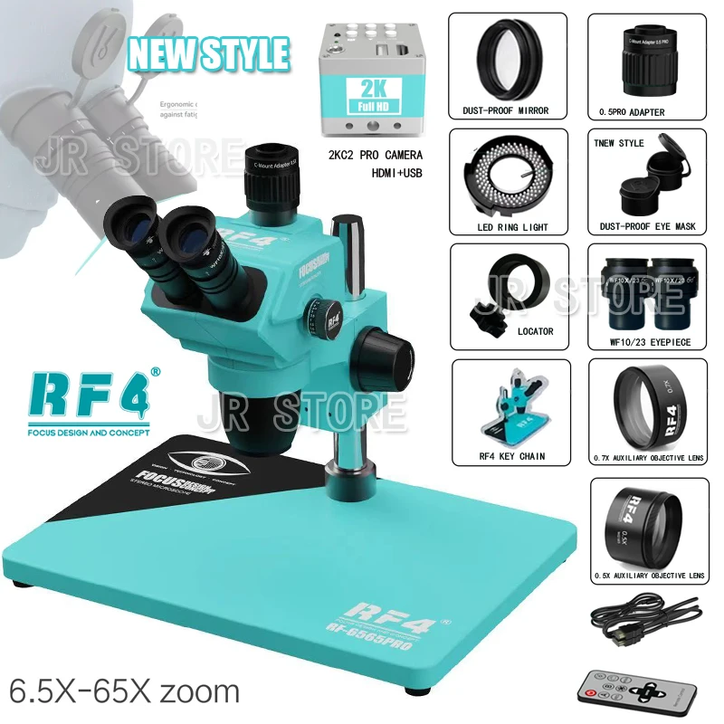 RF4 HD 4K 카메라 삼안 실체 현미경 RF-6565PRO 9단 줌 잠금 키, 다층 렌즈 휴대폰 납땜 PCB 수리