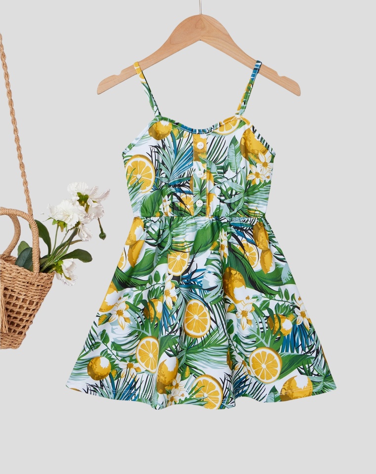 Girls tropical fruit printed dress: fresh lemon and palm leaf pattern, summer vibrant design