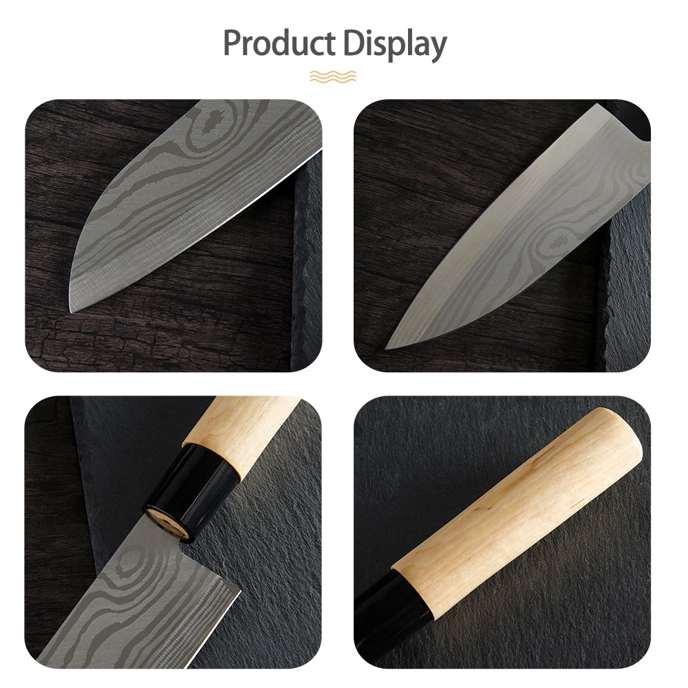 Description Picture 6 of itemRZD Stainless Steel Sushi Sashimi  Japanese Chef Knives Set Damascus Pattern Veins Cooking Cleaver Chopping Fillet Fishing Tools