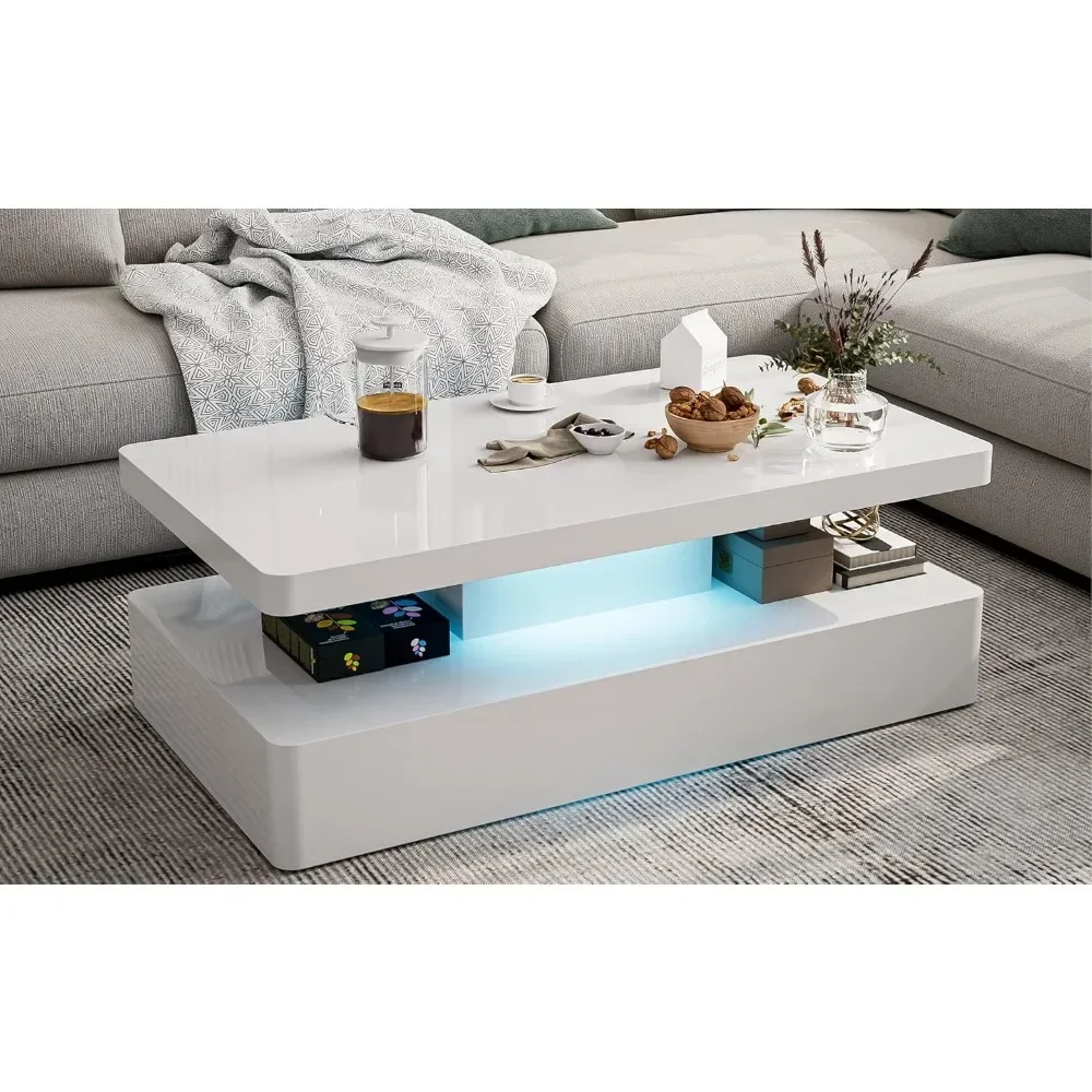 LED High Glossy Coffee Table, Modern Coffee Table, 2 Tiers Rectangle Design Coffee Table with 16 Colors LED Lights 3