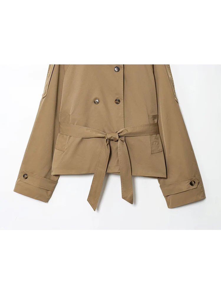 Women's Chic Stand Collar Belted Cropped Trench Coats Elegant Ladies Double-breasted 2025 Autumn New Casual Commuting Outerwear