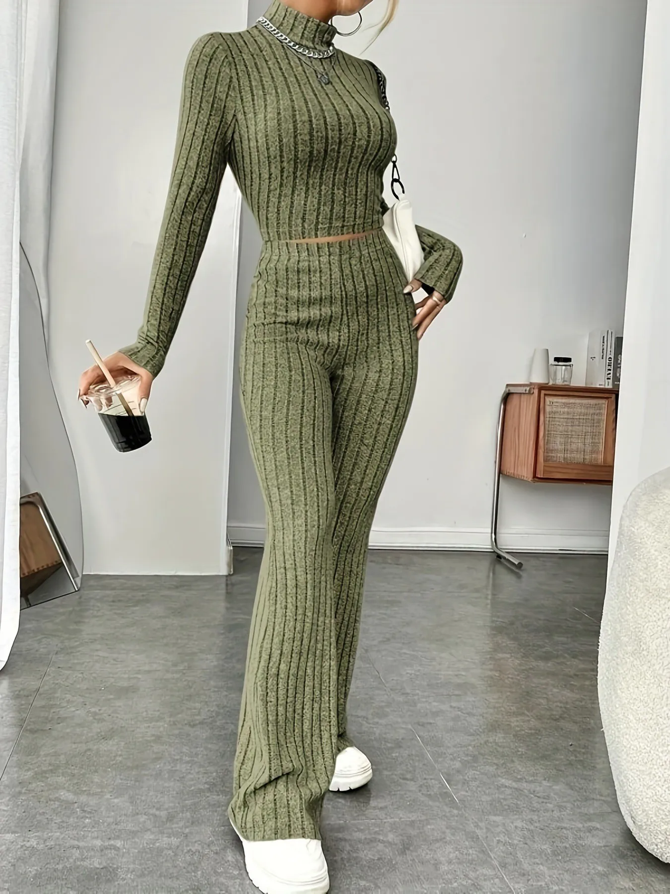 Autumn and Winter Women's New Home Clothes Two Piece Set Sports Long Sleeve Retro Slim fit Bellbottom Pants Set Y2K Sleepwear