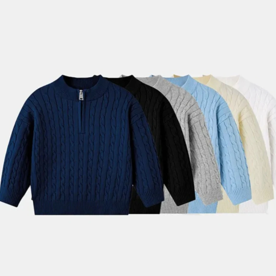 학교 어린이용 케이블 니트 스웨터 반집업 넥 따뜻한 겨울 풀오버 남아 여아용 ..