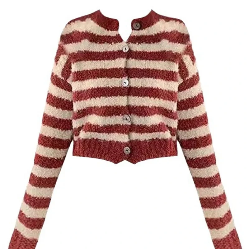 

Soefdioo Fashion Striped Casual Warm Crop Tops Short Cardigan Women Autumn 2023 Y2K Tops Streetwear Casual Soft Sweater Coat