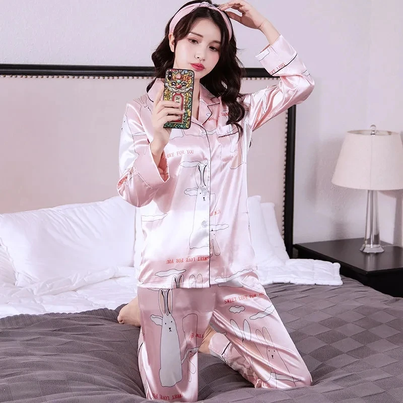 Spring Pajamas set woman Ladies Silk Satin Polyester Pajama Sets Homewear Women Casual Luxury Thin Pajamas Female Sleepwear