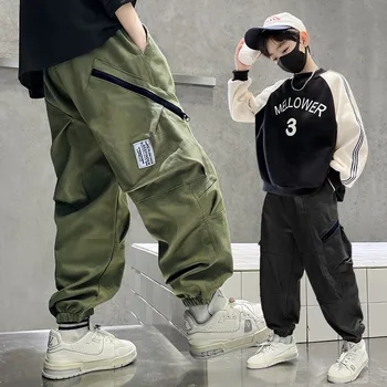 Autumn Boys Cotton Pants Fashion Pocket Decoration Handsome Trousers Kid Teenage Spring Outdoor Sport Casual Pant For 4-14 Years 1