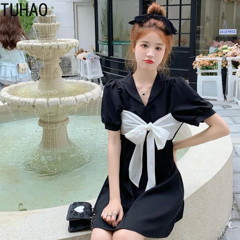

TUHAO big bow casual Dress 2022 Summer high Waist Slim Dress Solid Color mini Dress preppy style female dresses clothing 4XL 3XL